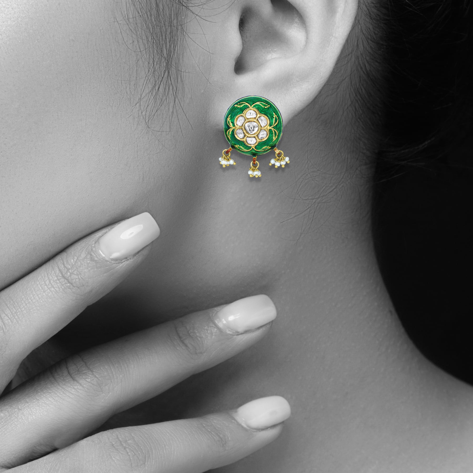 Green Enamel Earrings with Polki Floral Motifs and Pearl Drops